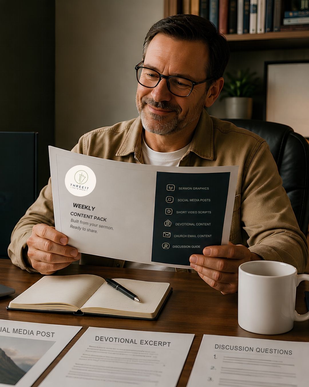 A pastor reviewing a sermon-based weekly church content pack